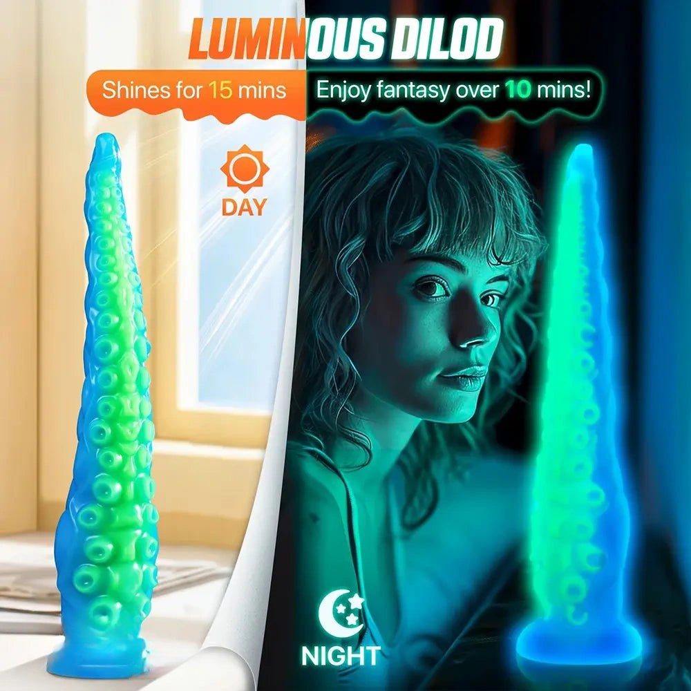 Glow in the dark blue green silicone tentacle dildo, photo 5