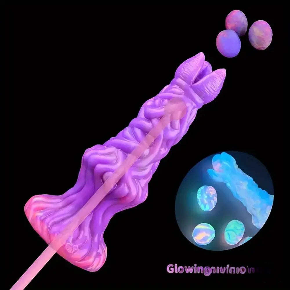 Glowing textured silicone fantasy dildo with forked tip, photo 1