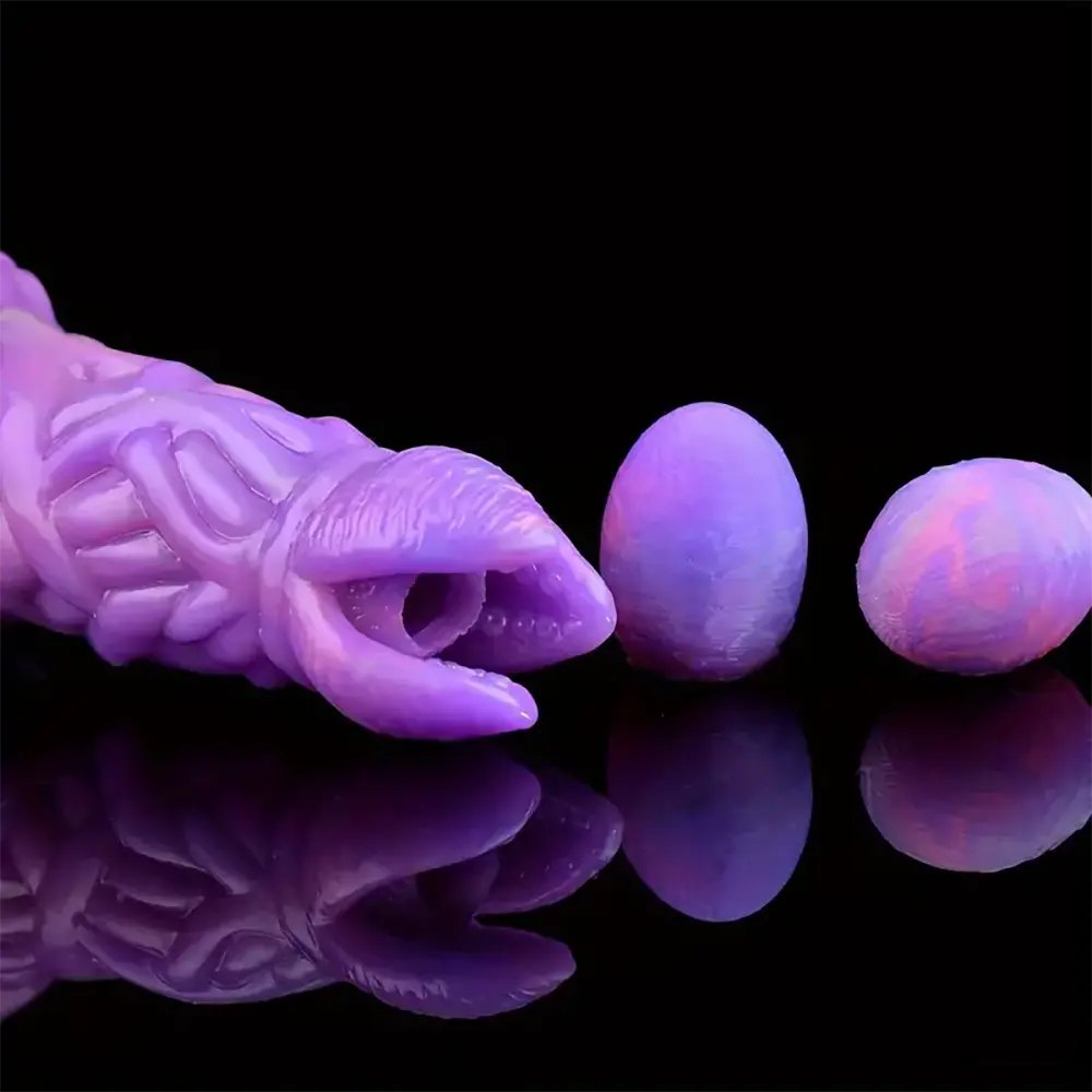 Glowing textured silicone fantasy dildo with forked tip, photo 3