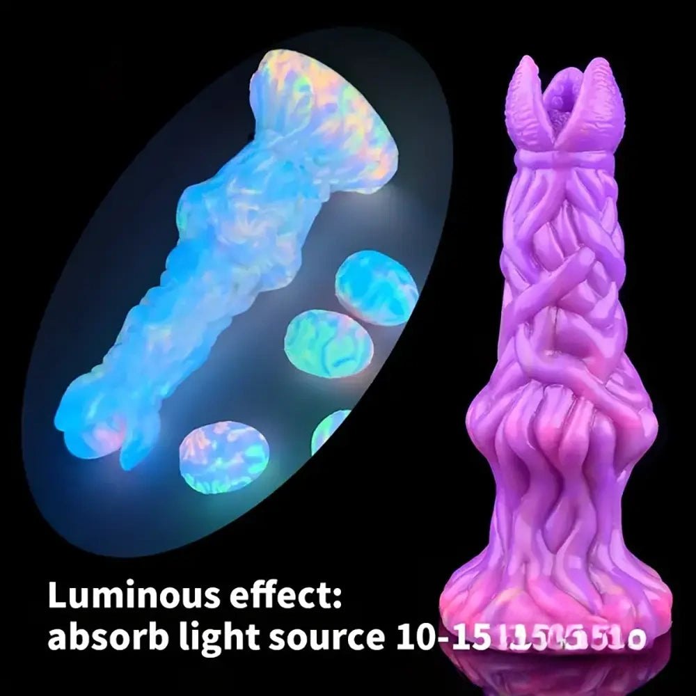 Glowing textured silicone fantasy dildo with forked tip, photo 4