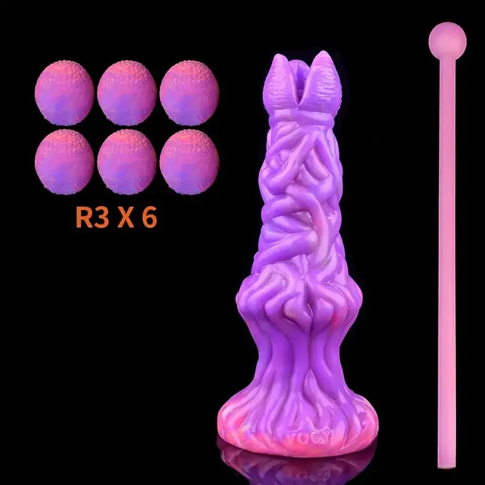 Glowing textured silicone fantasy dildo with forked tip, photo 6