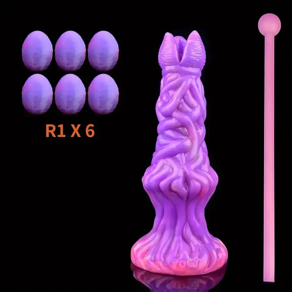 Glowing textured silicone fantasy dildo with forked tip, photo 7