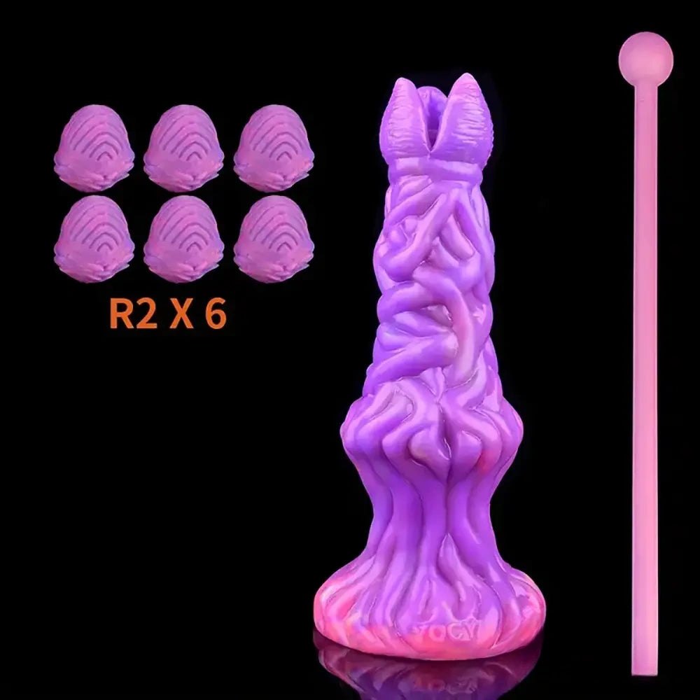 Glowing textured silicone fantasy dildo with forked tip, photo 8