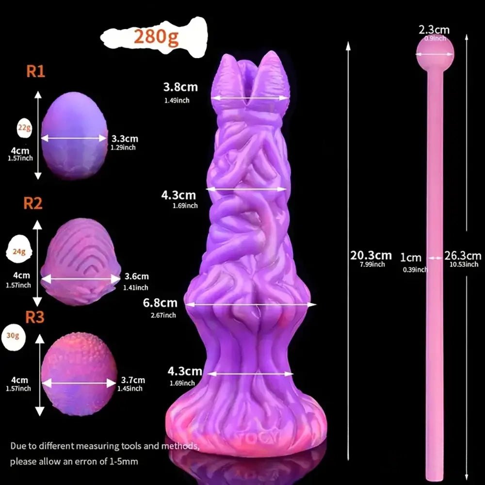 Glowing textured silicone fantasy dildo with forked tip, photo 9