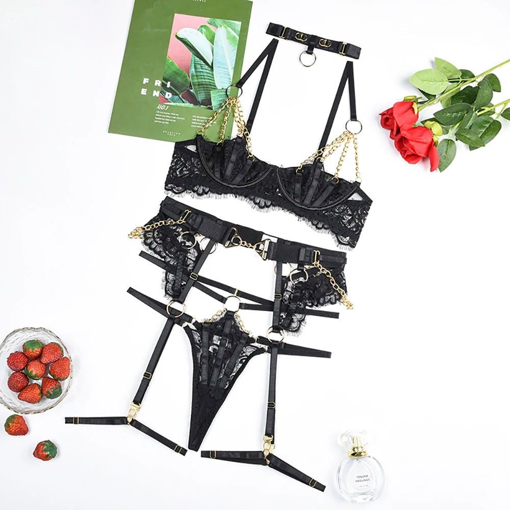 Black gold chain lace garter choker set