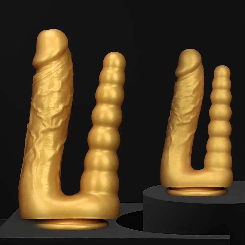 Gold silicone dual shaft suction cup dildo, photo 2