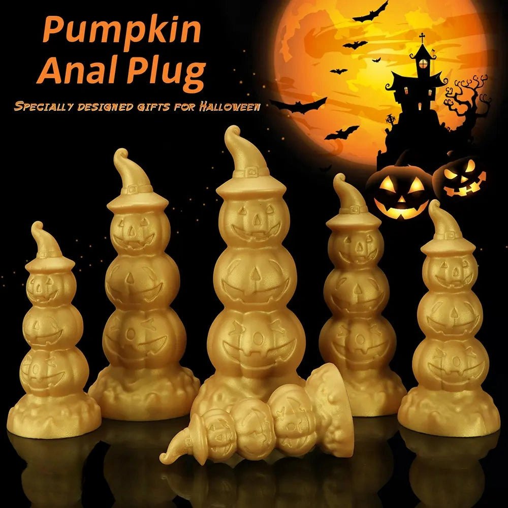 Gold stacked jack-o-lantern anal plug with witch hat tip, photo 1