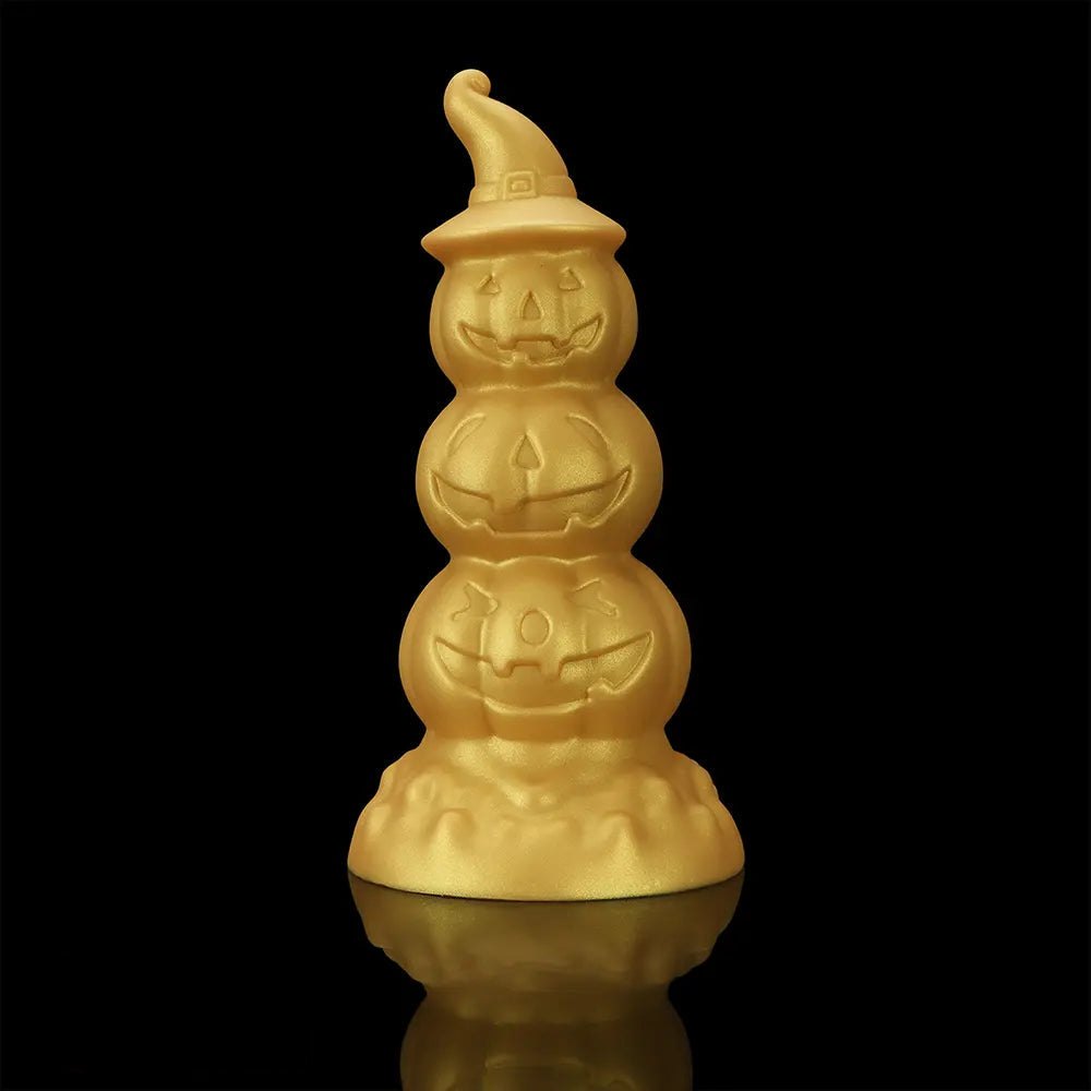Gold stacked jack-o-lantern anal plug with witch hat tip, photo 10