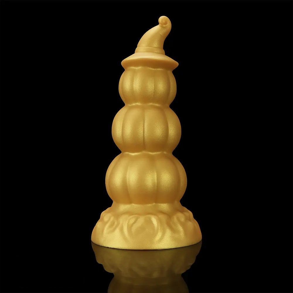 Gold stacked jack-o-lantern anal plug with witch hat tip, photo 11