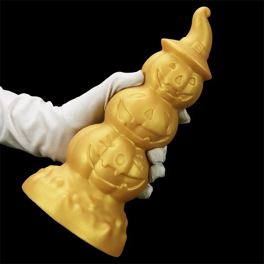 Gold stacked jack-o-lantern anal plug with witch hat tip, photo 13