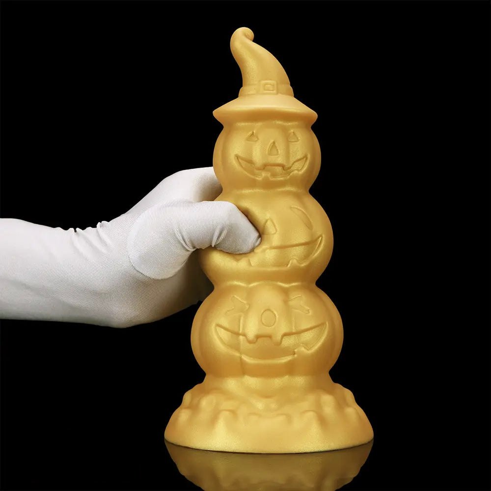Gold stacked jack-o-lantern anal plug with witch hat tip, photo 14