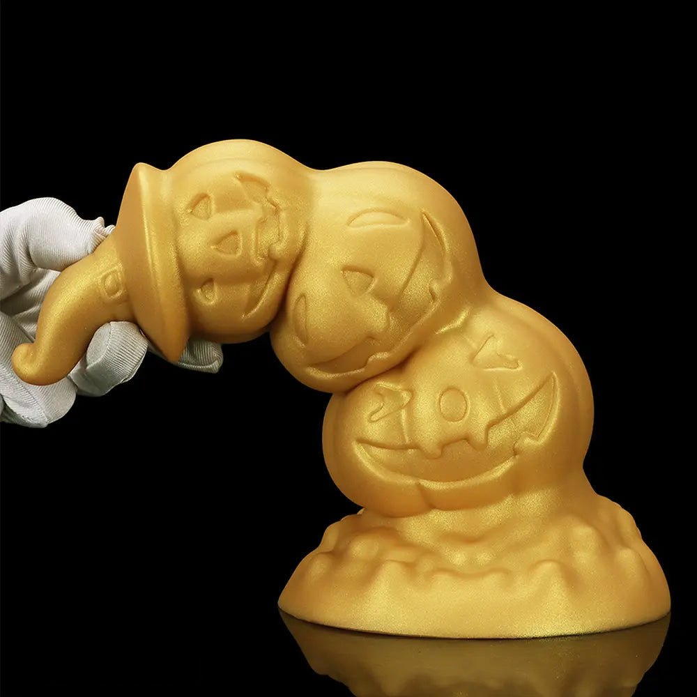 Gold stacked jack-o-lantern anal plug with witch hat tip, photo 15