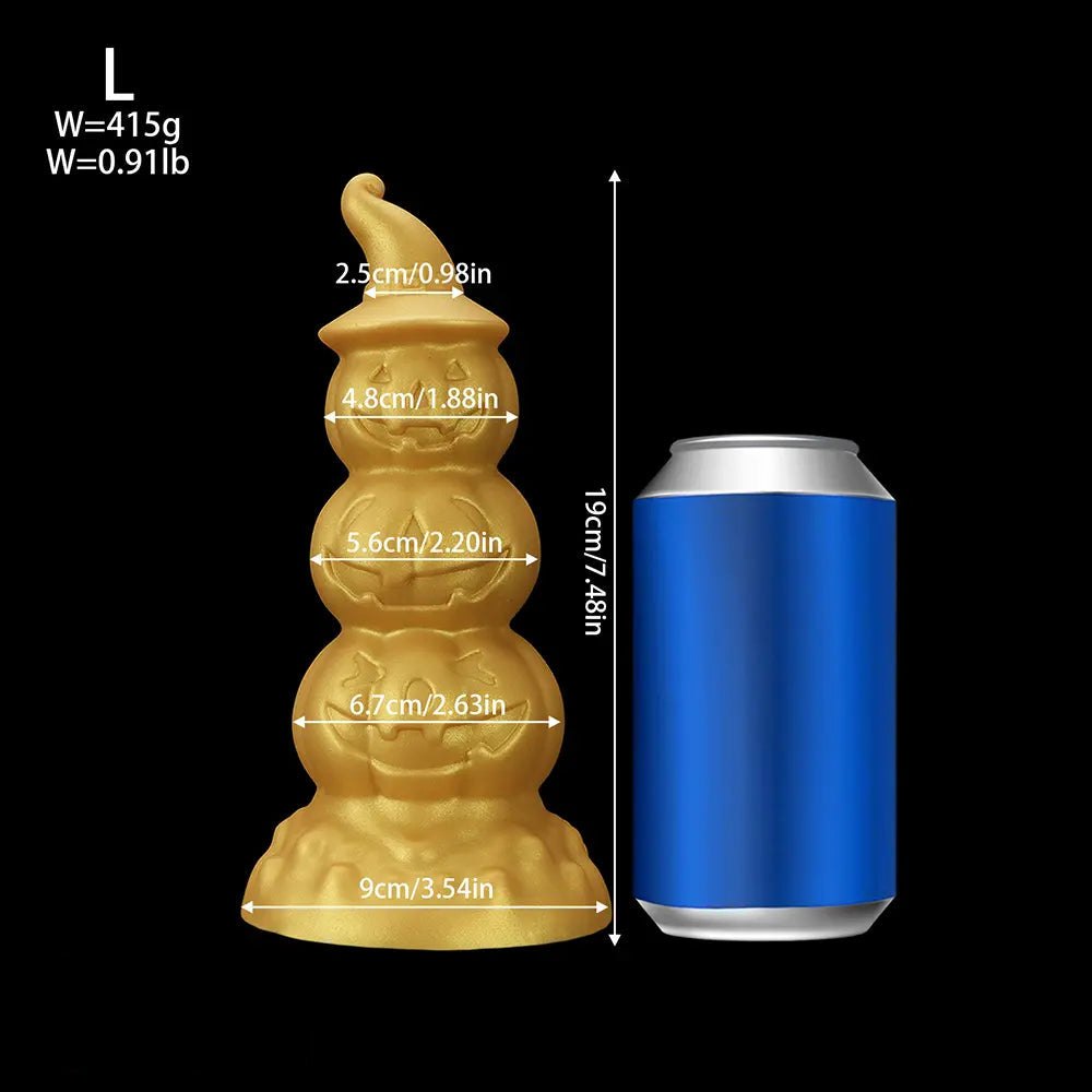 Gold stacked jack-o-lantern anal plug with witch hat tip, photo 16