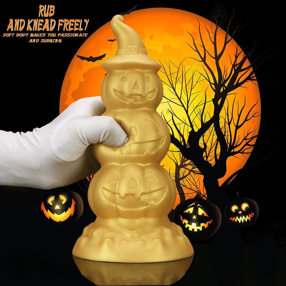 Gold stacked jack-o-lantern anal plug with witch hat tip, photo 3