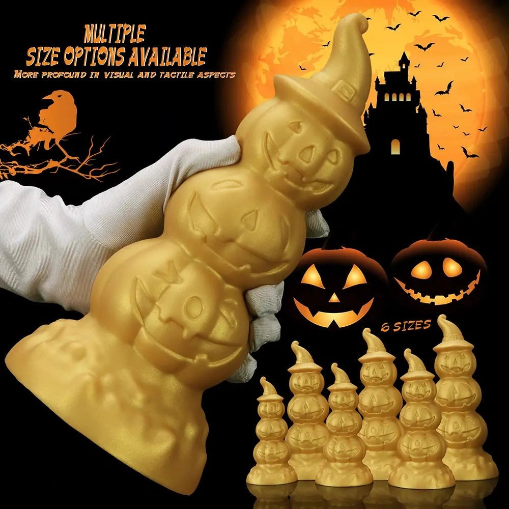 Gold stacked jack-o-lantern anal plug with witch hat tip, photo 4