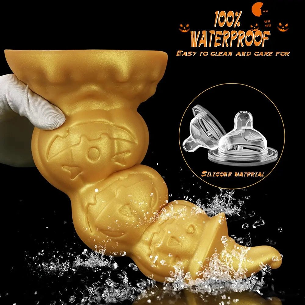 Gold stacked jack-o-lantern anal plug with witch hat tip, photo 7