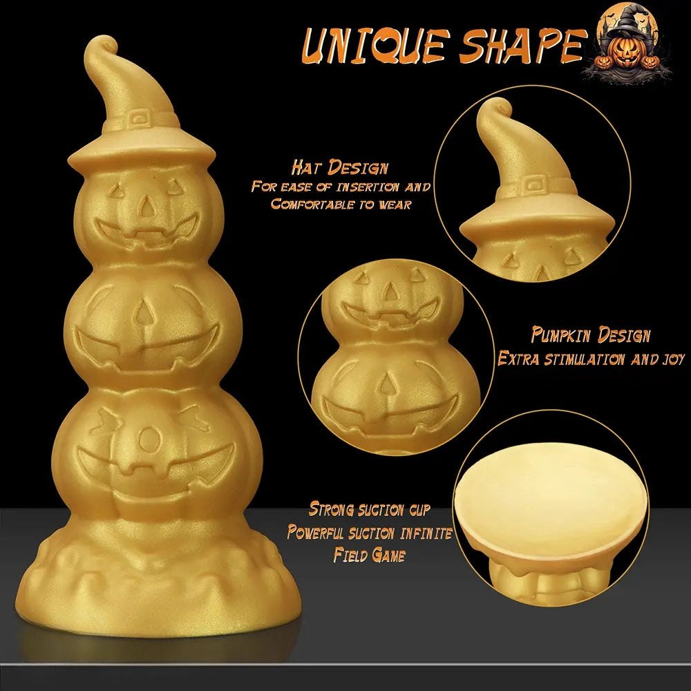Gold stacked jack-o-lantern anal plug with witch hat tip, photo 8