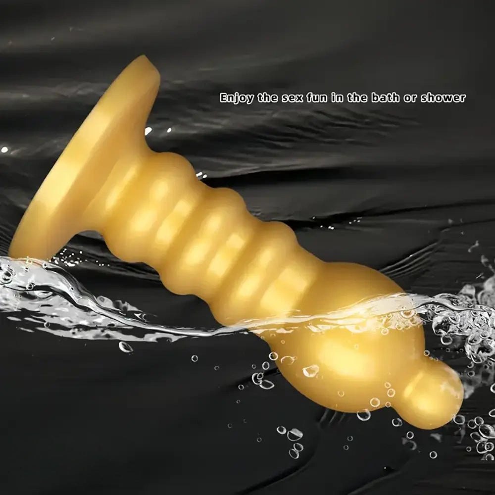 Gold ribbed silicone anal plug, photo 4