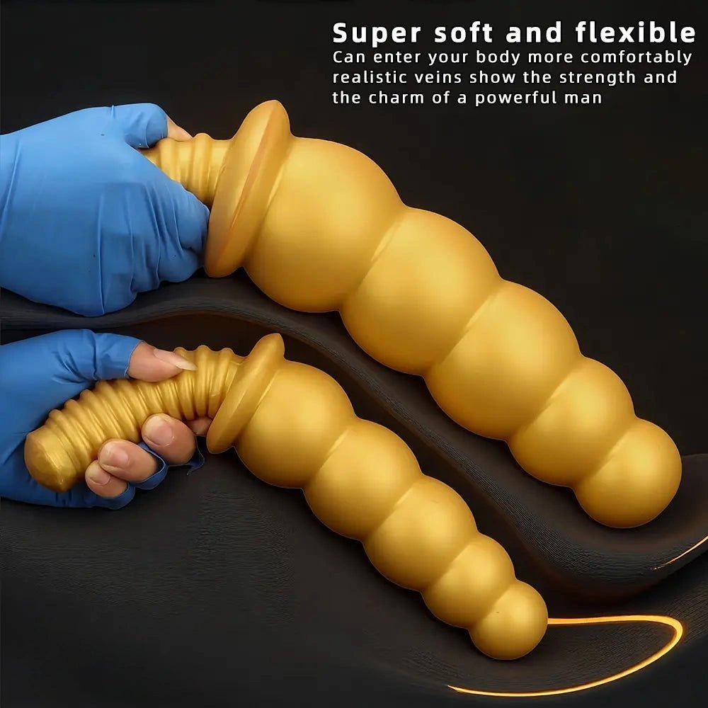 Gold ribbed silicone anal beads dildo, photo 3