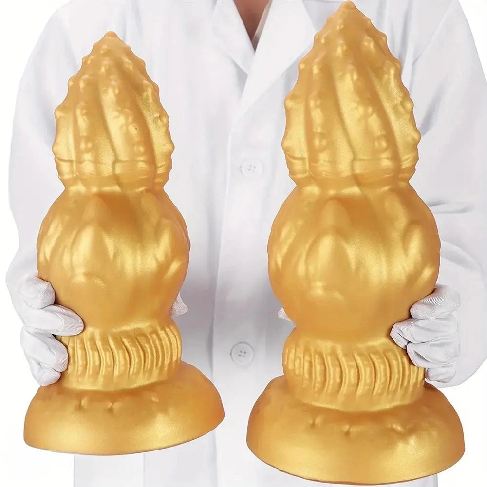 Gold ribbed gourd shaped silicone dildo, photo 9