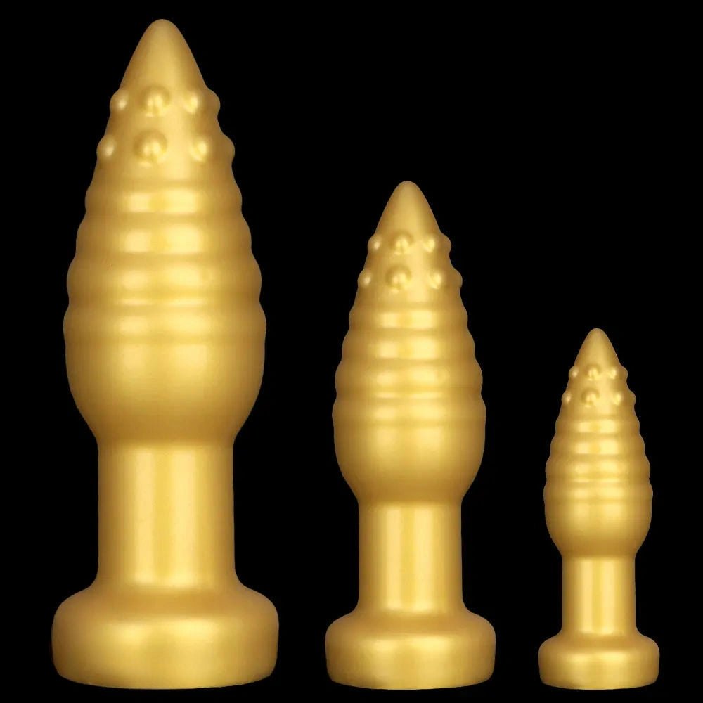 Gold ribbed spiked silicone fantasy dildo, photo 1