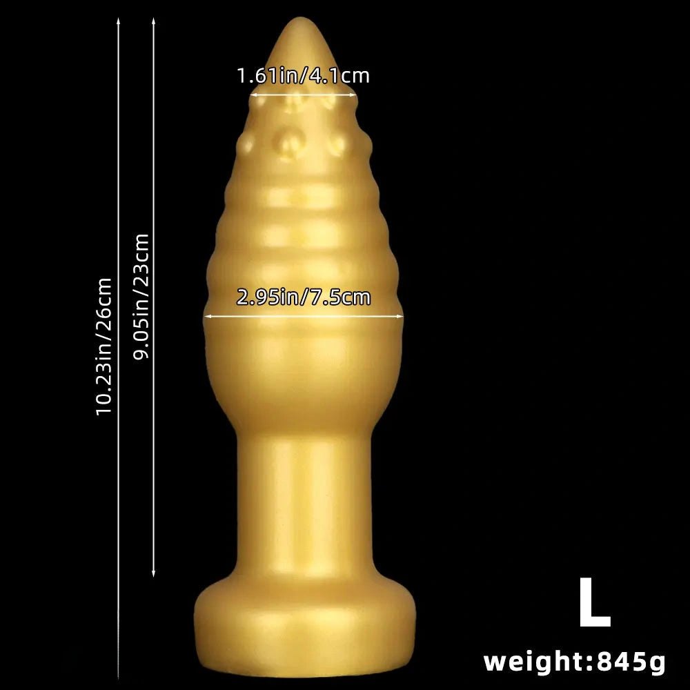 Gold ribbed spiked silicone fantasy dildo, photo 12