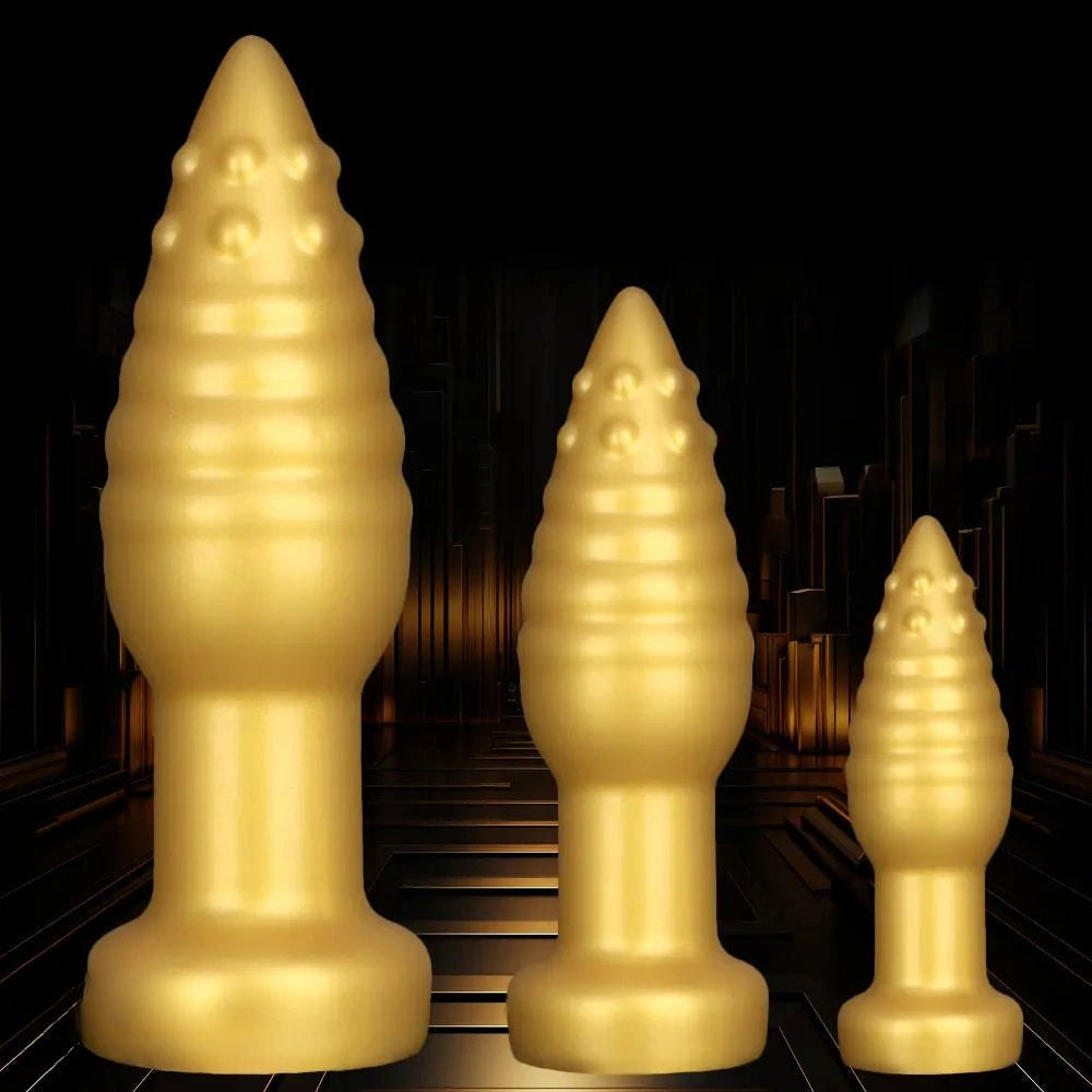 Gold ribbed spiked silicone fantasy dildo, photo 3