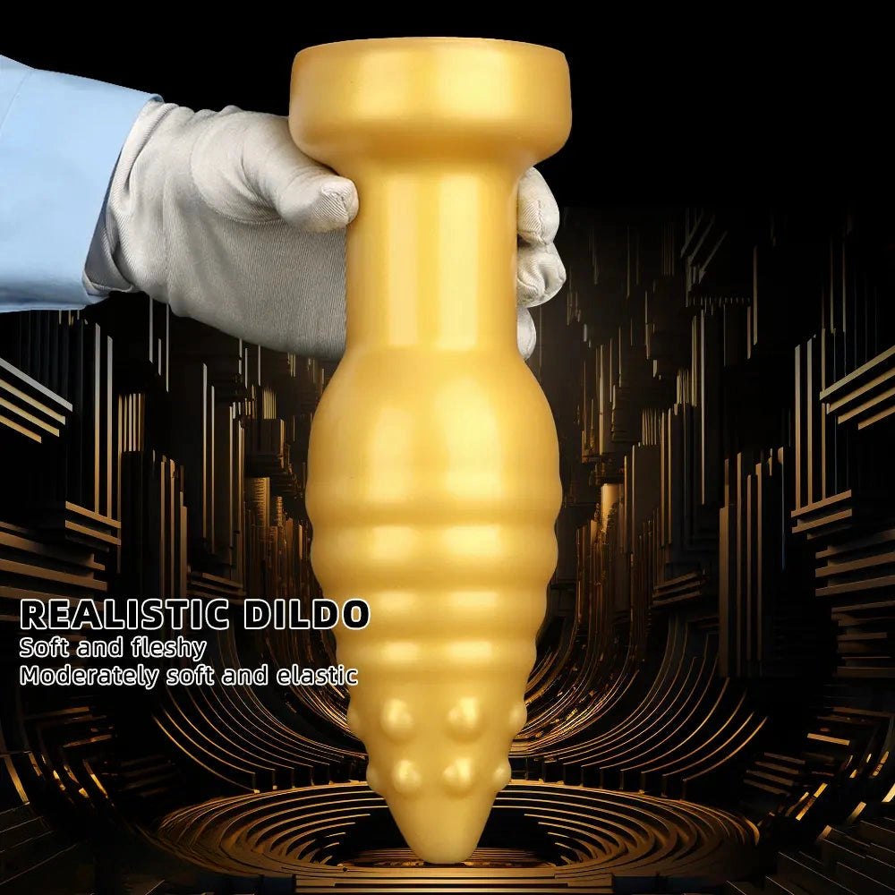 Gold ribbed spiked silicone fantasy dildo, photo 4