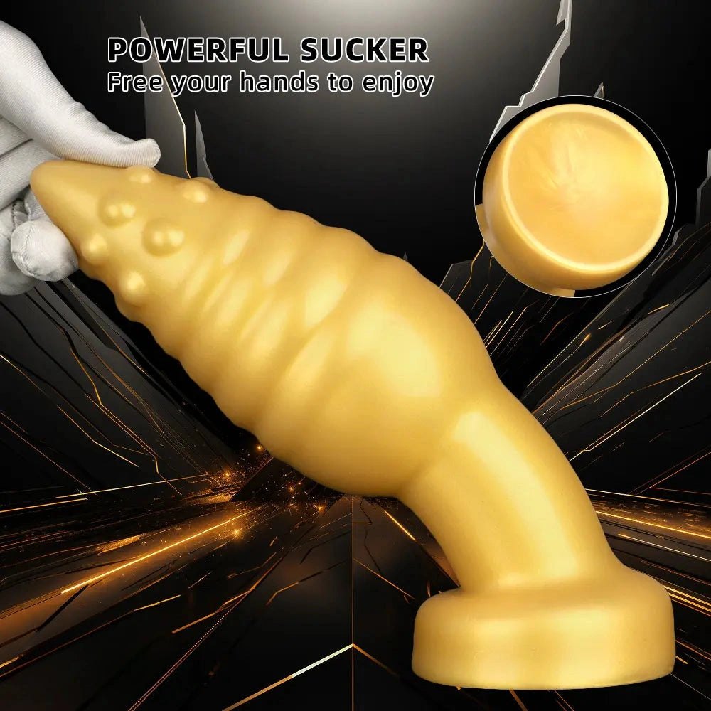 Gold ribbed spiked silicone fantasy dildo, photo 5