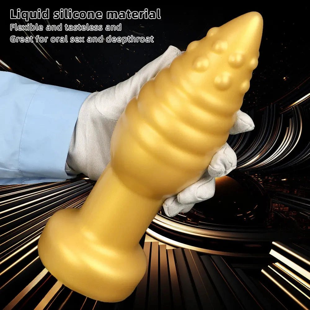 Gold ribbed spiked silicone fantasy dildo, photo 6