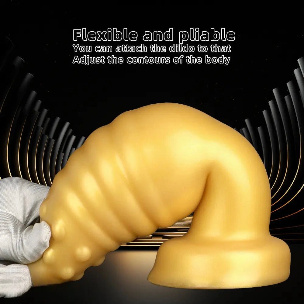 Gold ribbed spiked silicone fantasy dildo, photo 7