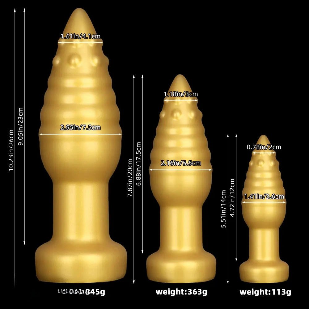 Gold ribbed spiked silicone fantasy dildo, photo 9