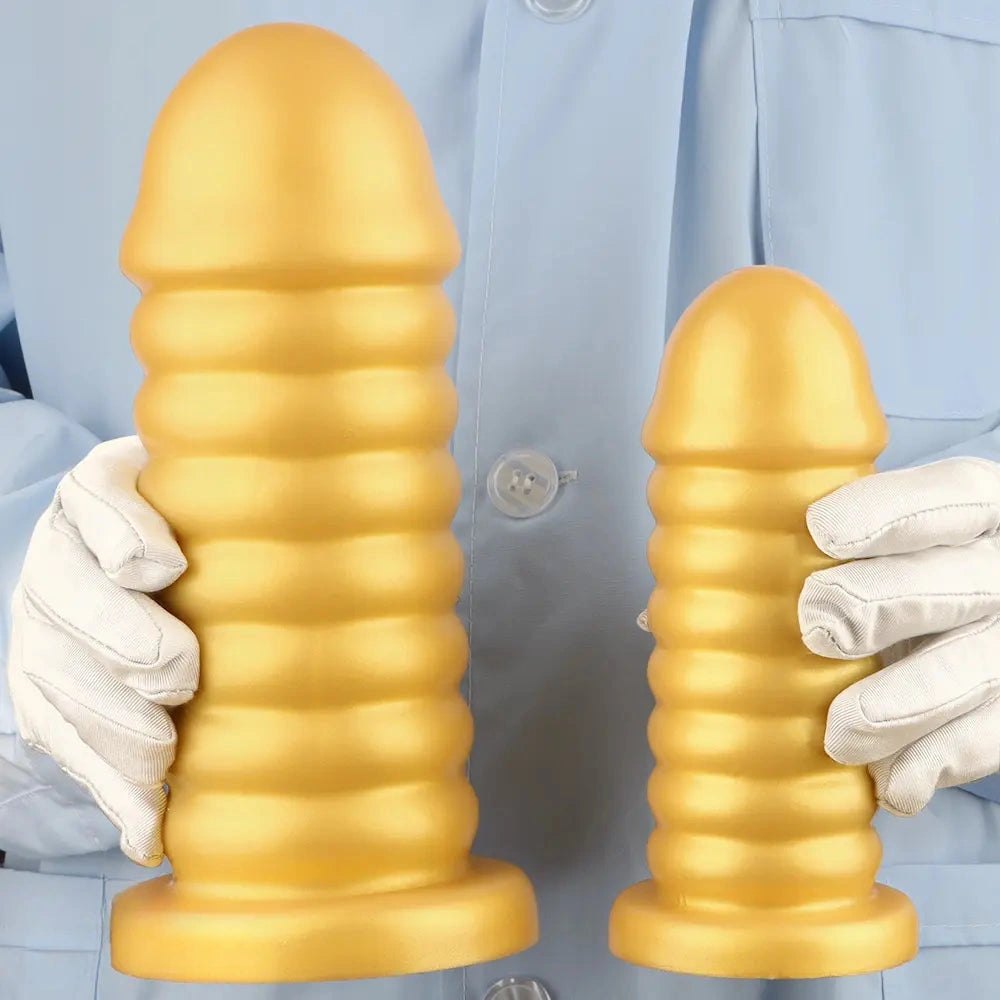 Gold ribbed silicone anal dildo, photo 12