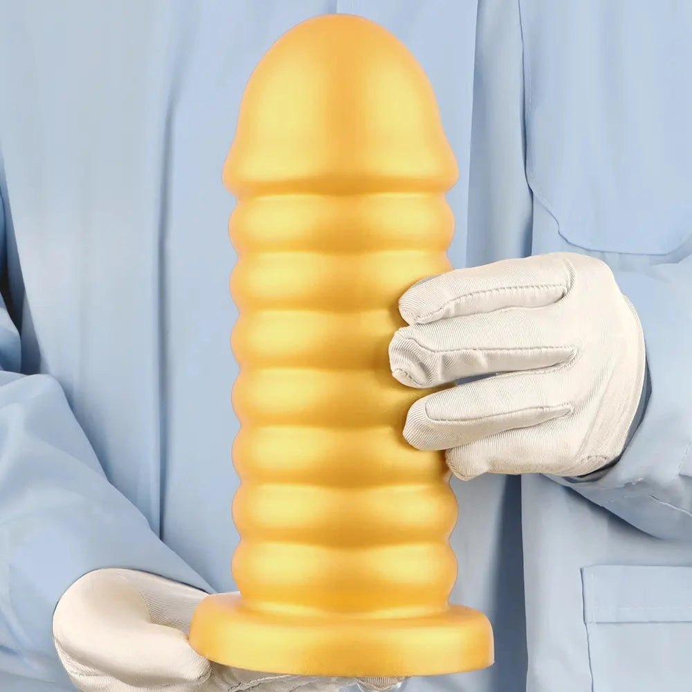 Gold ribbed silicone anal dildo, photo 13