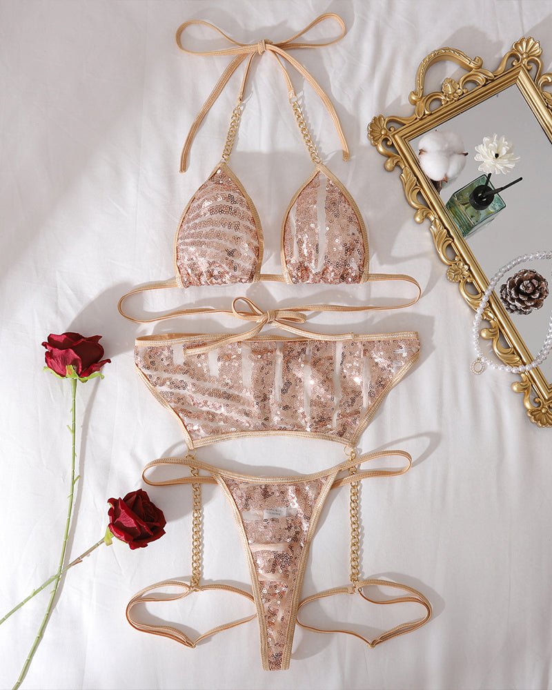 Gold sequin chain garter skirt lingerie set, photo 6