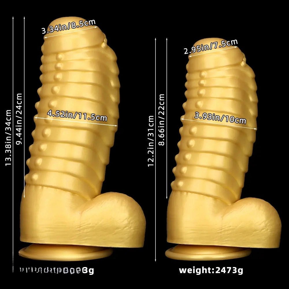 Gold silicone ribbed giant dildo, photo 11