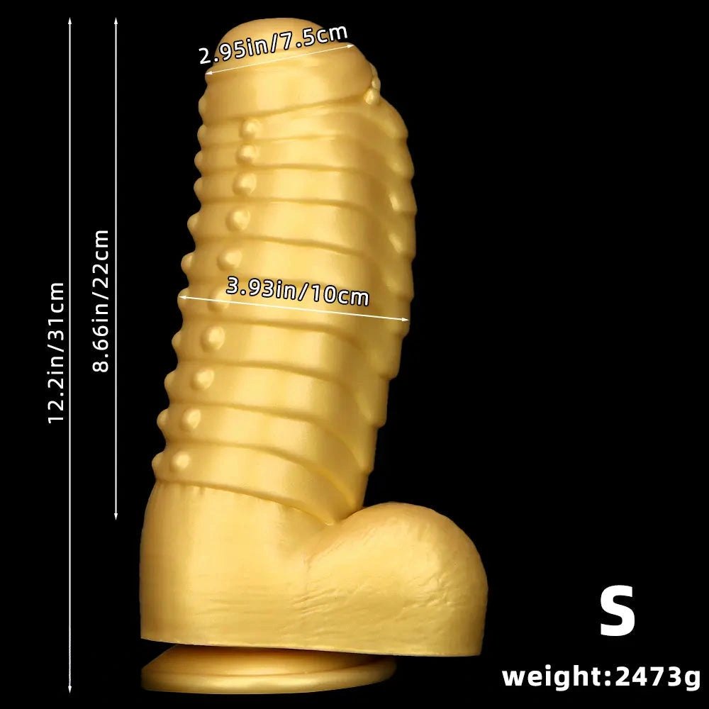 Gold silicone ribbed giant dildo, photo 12