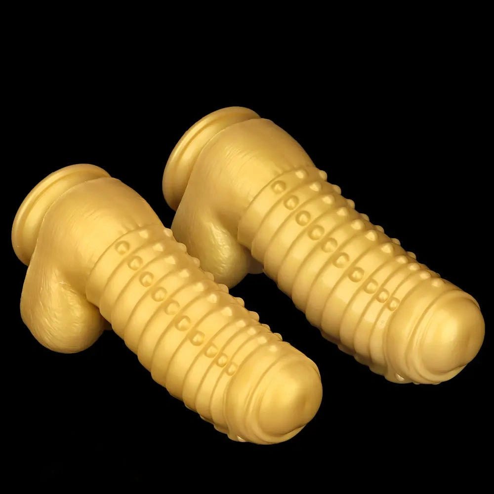 Gold silicone ribbed giant dildo, photo 14