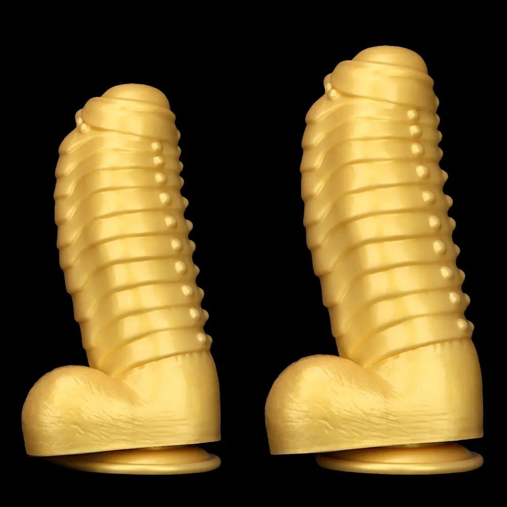 Gold silicone ribbed giant dildo, photo 3
