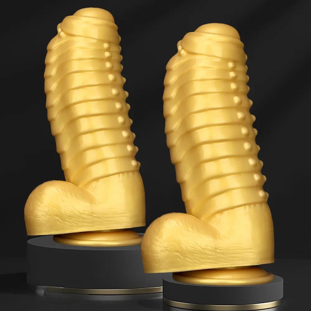 Gold silicone ribbed giant dildo, photo 5