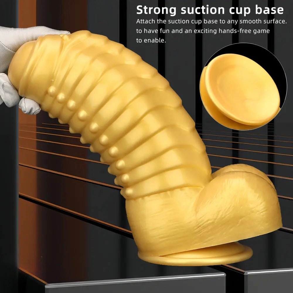 Gold silicone ribbed giant dildo, photo 8