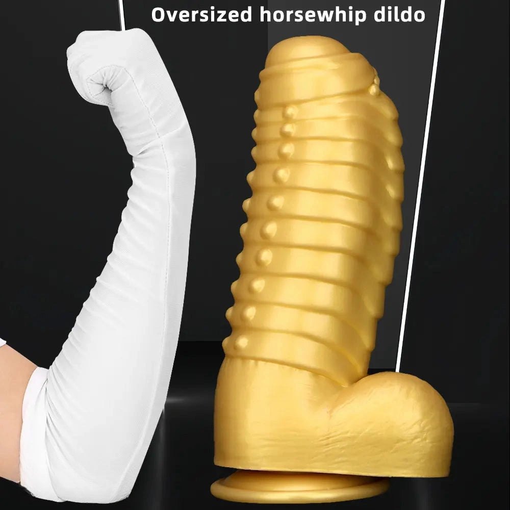 Gold silicone ribbed giant dildo, photo 9