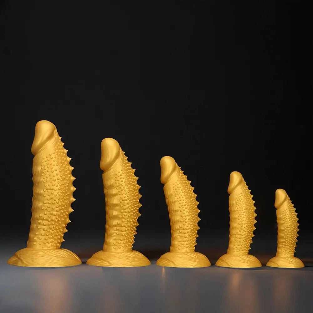 Gold spiked curved silicone fantasy dildo, photo 1