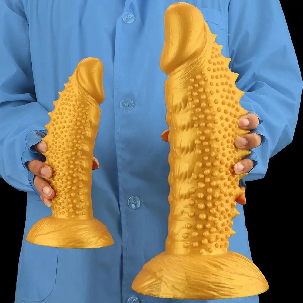 Gold spiked curved silicone fantasy dildo, photo 14