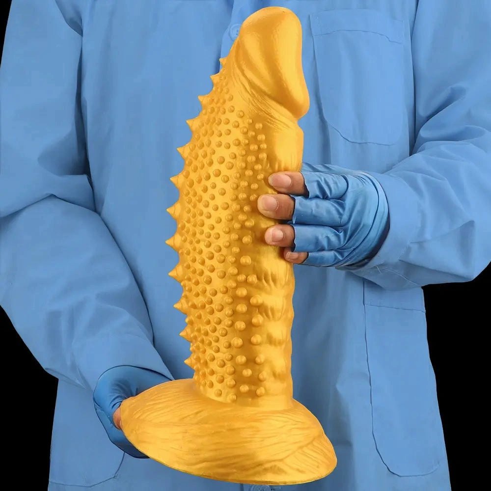 Gold spiked curved silicone fantasy dildo, photo 15