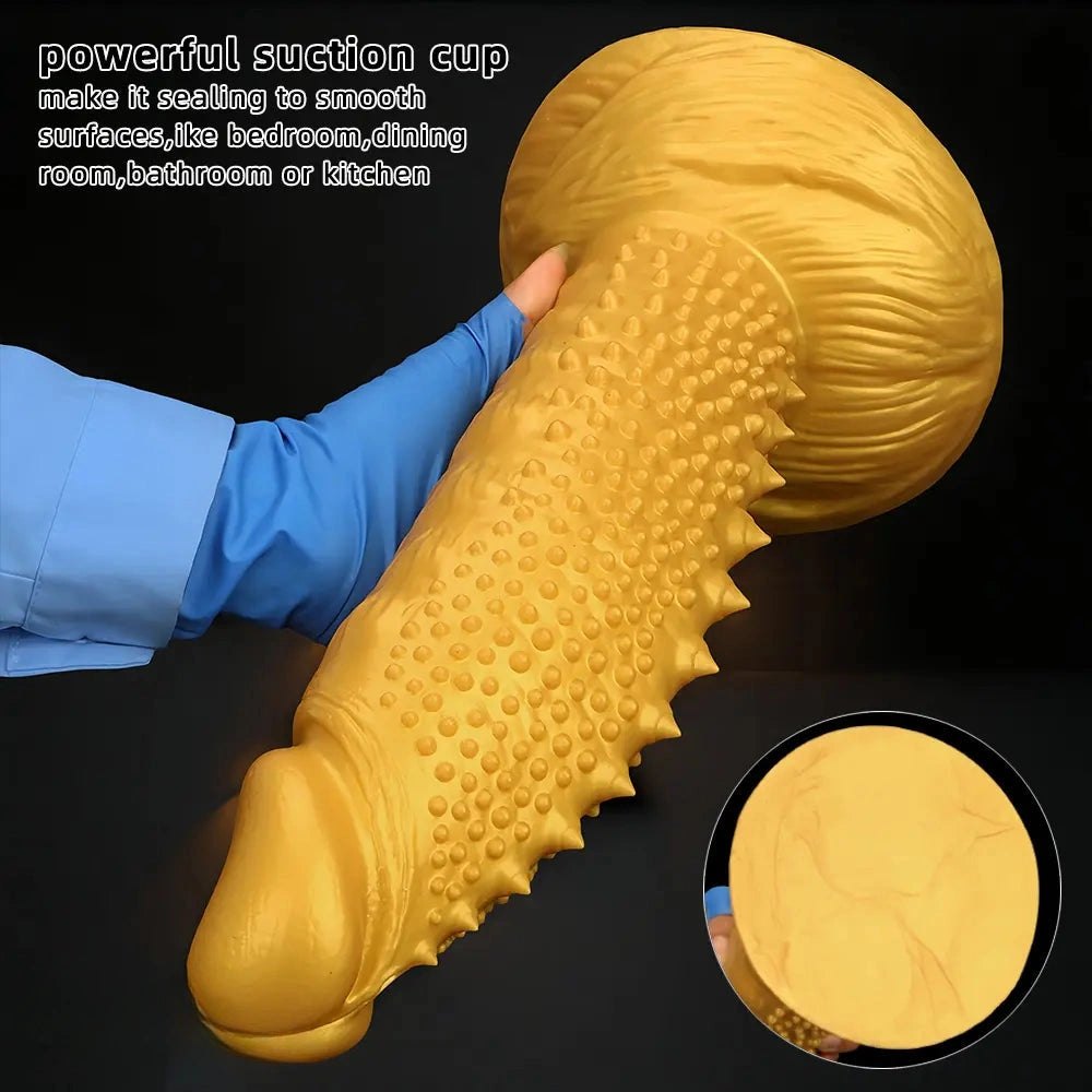 Gold spiked curved silicone fantasy dildo, photo 4