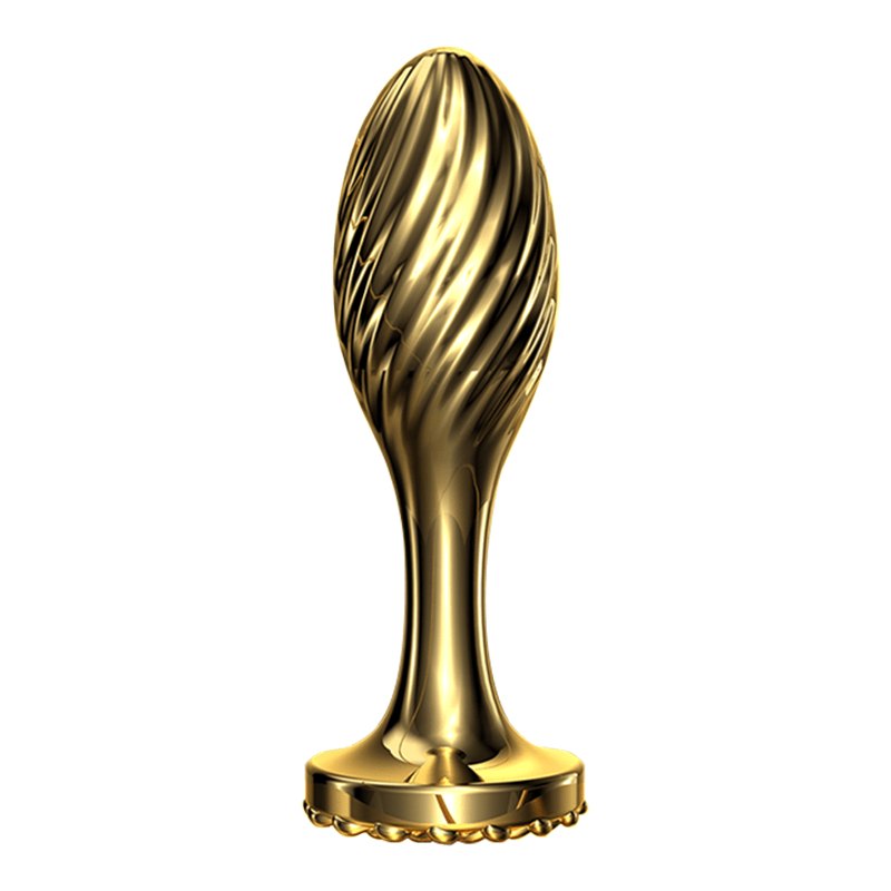 Gold-toned stainless steel anal plug with spiral texture, photo 1