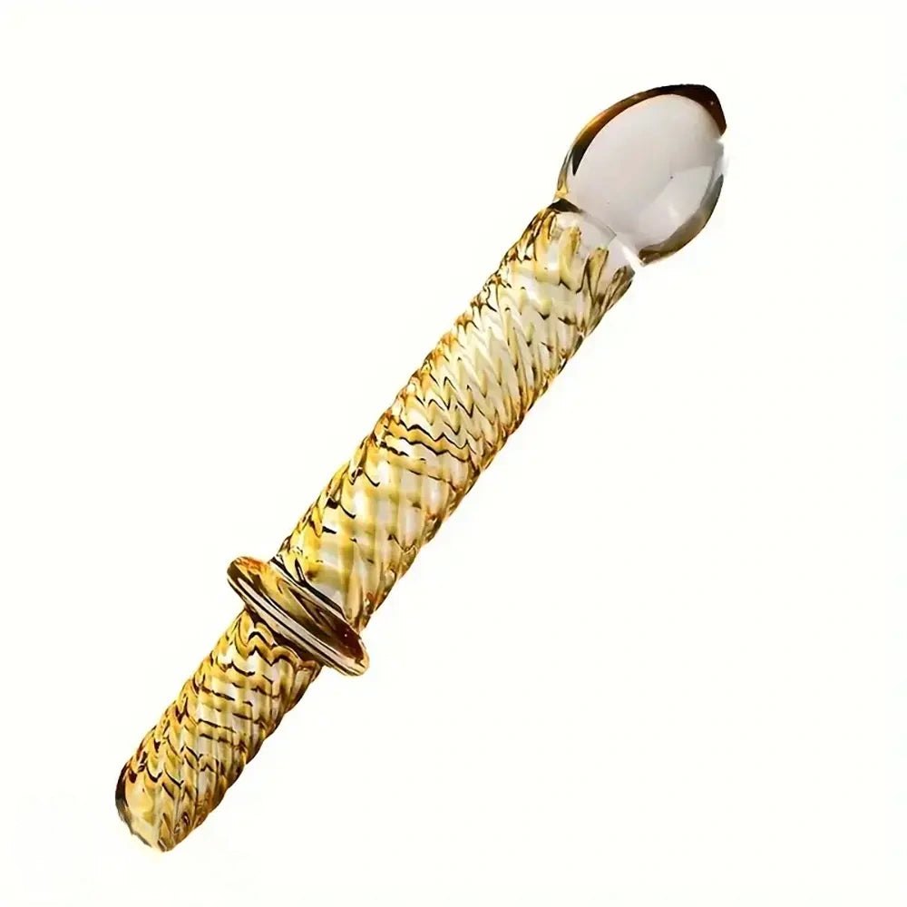 Golden pattern glass dildo with handle, photo 1