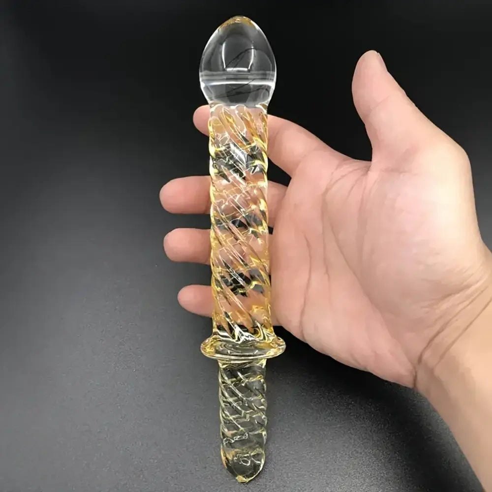Golden pattern glass dildo with handle, photo 2