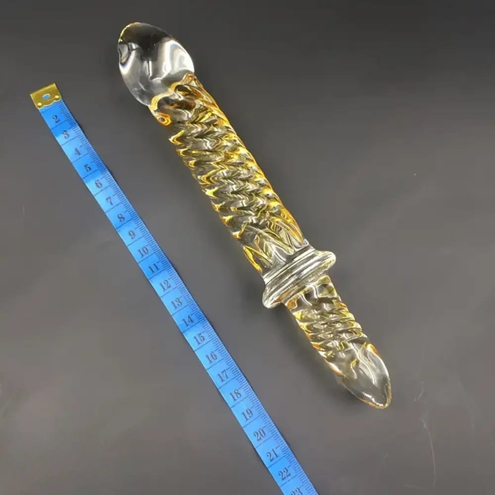 Golden pattern glass dildo with handle, photo 3